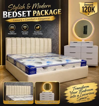 Modern King Size Bed Set + LED Vanity Mirror