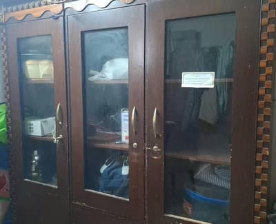 3-Door Wooden Cabinet / Storage Almari with Glass Panels