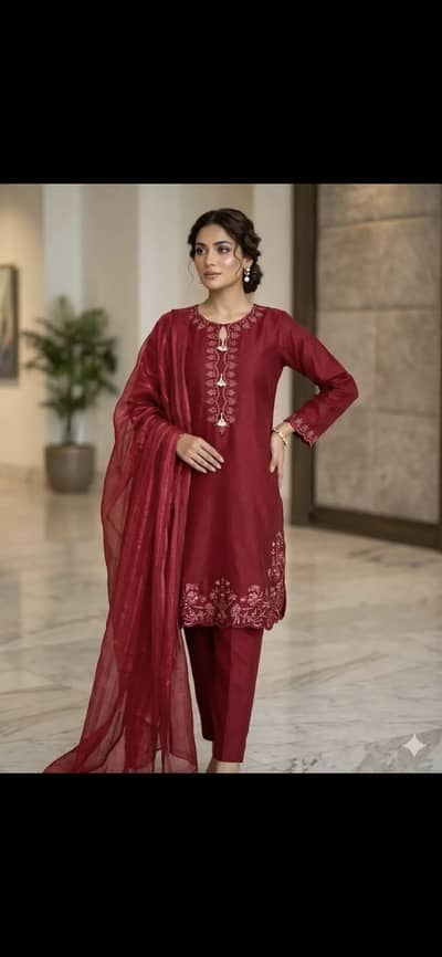 3 pcs . Women stitched cotton embroidered suit