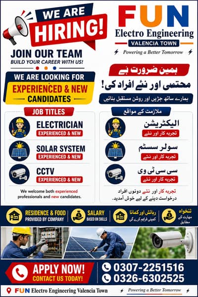 Hiring for solar, electrcian, cctv camera