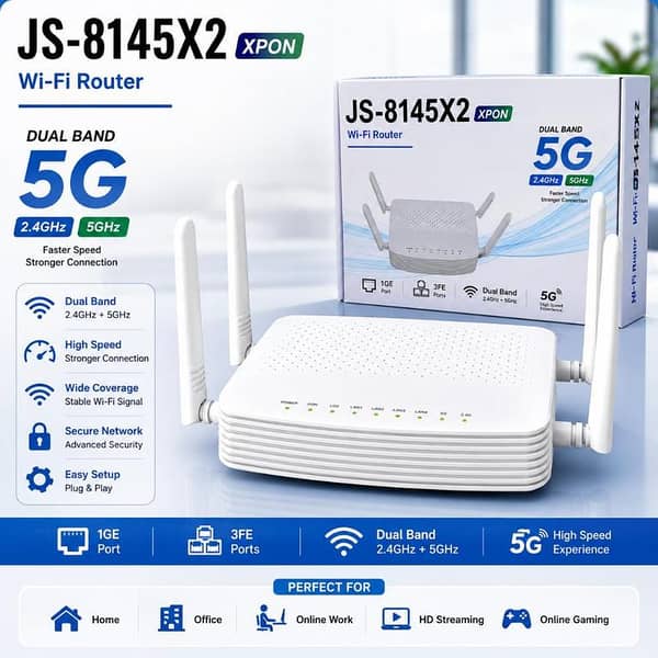JS-8145X2 XPON WiFi Router Dual Band 2.4GHz + 5GHz | 5G High Speed Wireless Router | 4 Antenna | 1GE + 3FE Ports