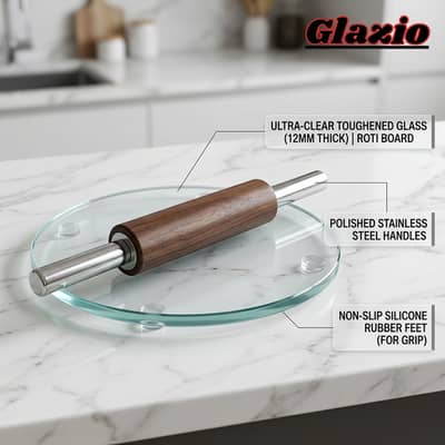RotiGlass - 12mm Toughened Glass Roti Board with Premium Bela