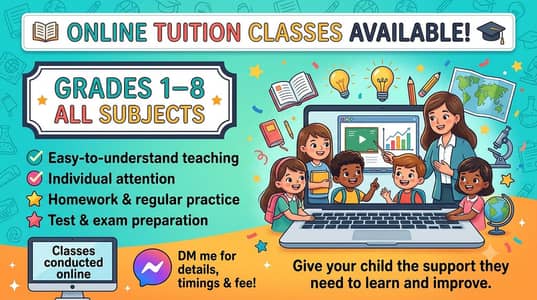 Online Tutor available, grade 1-8 All subjects.