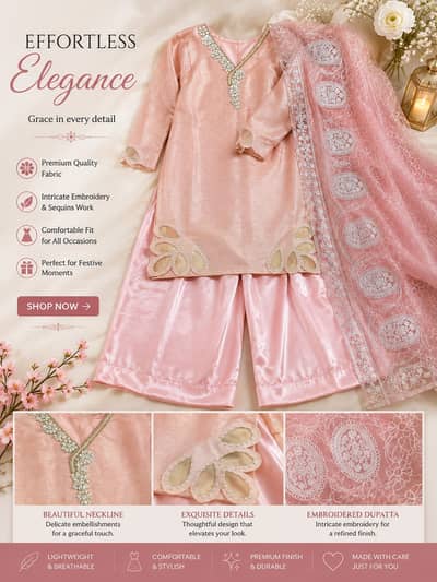 Elegant Pink Embroidered 3-Piece Festive Suit | Premium Silk & Organza