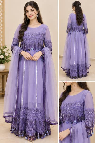 purple colour long frock sequns works