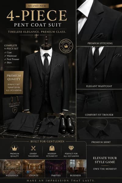 PREMIUM 4-PIECE MEN’S PENT COAT SUIT — BRAND NEW