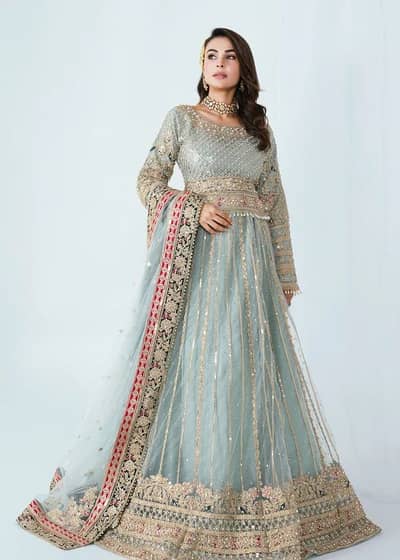 Elegant Light Blue Embroidered Formal Maxi Dress with Dupatta