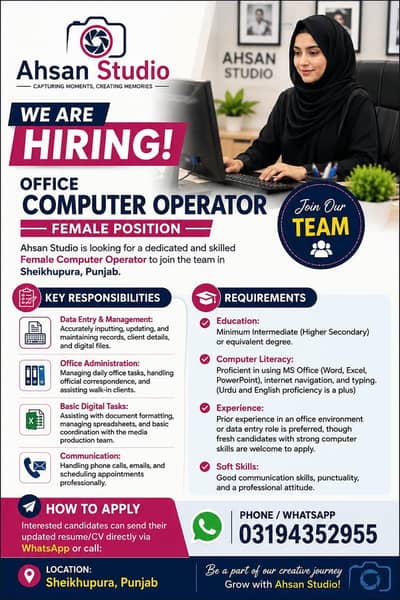Need female staff computer operator