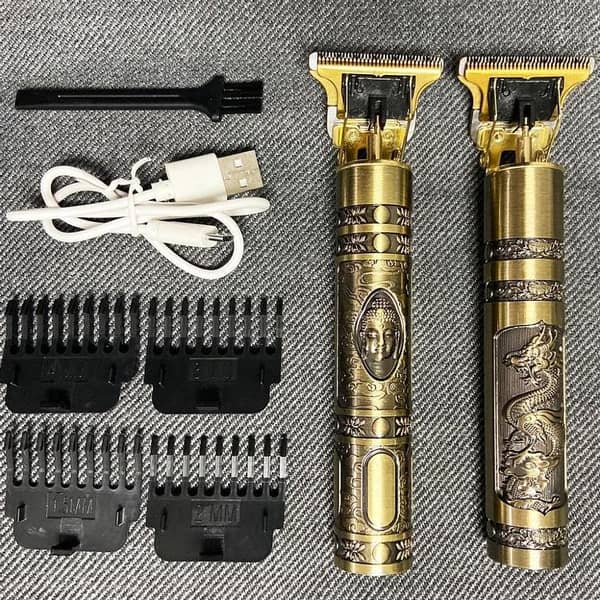 Professional Vintage T9 Hair Trimmer – Engraved Dragon Metal Body – Zero-Gapped T-Blade Cordless Grooming Kit for Men (Gold/Bronze Edition)