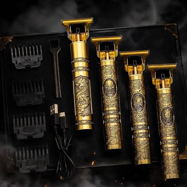 Professional Vintage T9 Hair Trimmer – Engraved Dragon Metal Body – Zero-Gapped T-Blade Cordless Grooming Kit for Men (Gold/Bronze Edition)