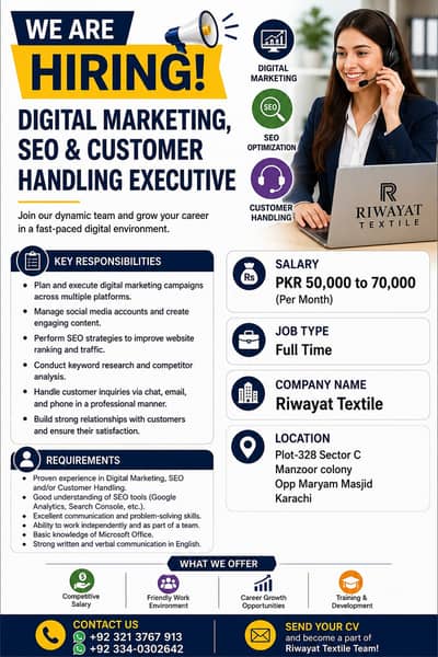 Digital Marketing, SEO & Customer Handling Executive – Karachi