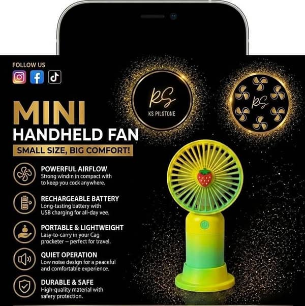Premium 3-Speed Rechargeable Mini Handheld Fan with Fast Type-C Charging & Mobile Stand – Powerful Cooling in Aesthetic Flower Design