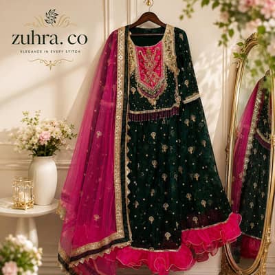 Handcrafted Emerald Green & Fuchsia Anarkali