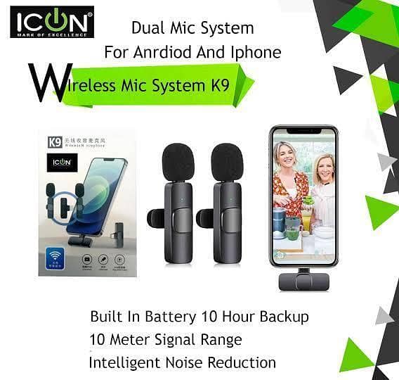 Original K9 Dual Wireless Microphone 2 Mic 3 in 1 Connector Kit for iPhone (iOS), Type C, & Micro USB Devices | K9 Collar Mic for YouTube, Vlogging, Live Streaming, Video Recording | Plug & Play, Noise Reduction