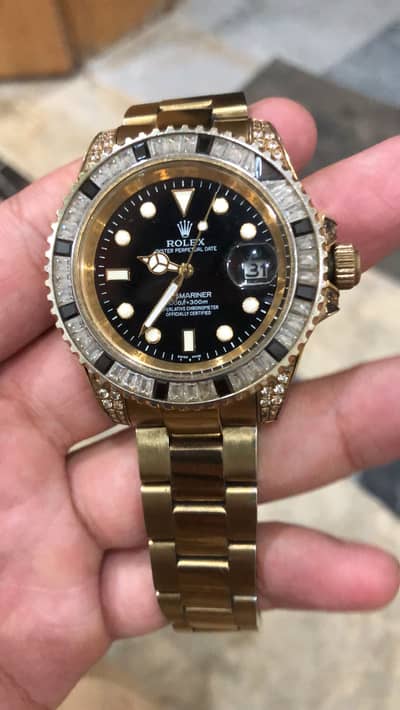 Gold Tone Men's Analog Watch with Stone Bezel - Custom Design