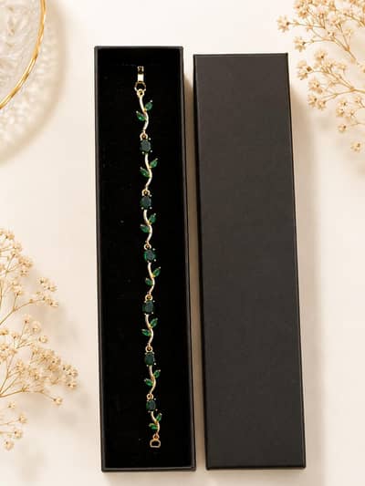 Elegant Emerald Green Bracelet | Gold Tone Leaf Design | New Jewellery