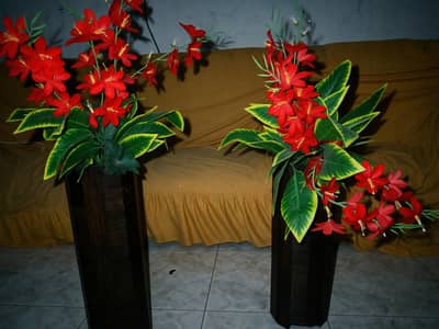 Set of 2 Tall Wooden Floor Vases with Red Artificial Flowers