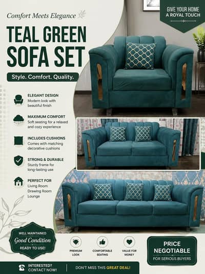Elegant Teal Green 3-Seater Sofa with Matching Cushions