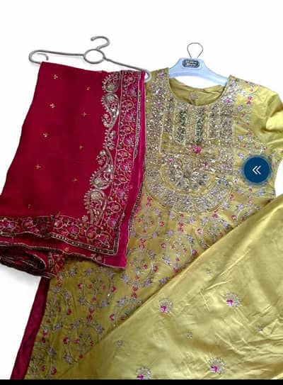 50%OFF-Like New Heavy Embroidered Yellow & Pink Rani 3peice