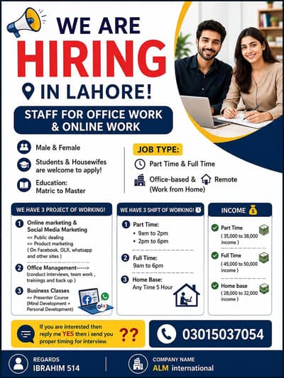 We Are hiring Urgent staff for Work