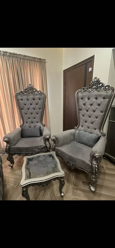 2 custom made high back chairs with table