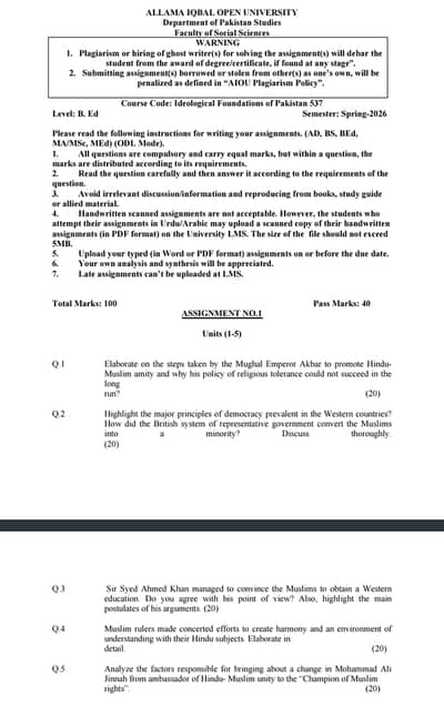 AIOU Assignment questions spring 2026