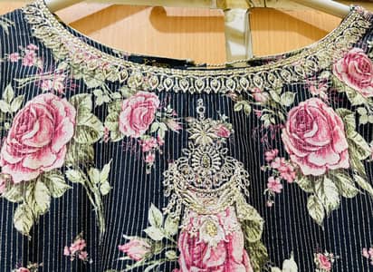 Black Floral Printed 3 Piece Suit with Embroidered Neck