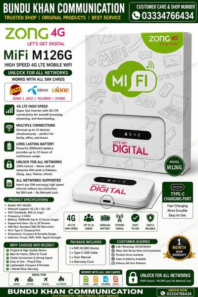 Original Zong Internet Mifi 4G LTE | All Network Unlock | 12hr Battery