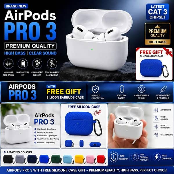 AirPods Pro 3 Wireless Earbuds WITH Free Premium Silicone Protective Case Gift Premium Quality High Bass & Clear Sound | Latest CAT 3 Chipset | Touch Control | Long Battery | Bluetooth TWS Earbuds