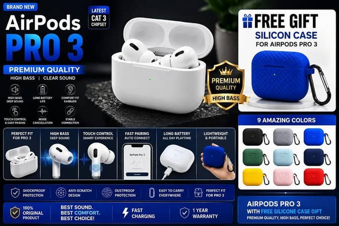 AirPods Pro 3 Wireless Earbuds WITH Free Premium Silicone Protective Case Gift Premium Quality High Bass & Clear Sound | Latest CAT 3 Chipset | Touch Control | Long Battery | Bluetooth TWS Earbuds