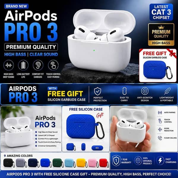 AirPods Pro 3 Wireless Earbuds WITH Free Premium Silicone Protective Case Gift Premium Quality High Bass & Clear Sound | Latest CAT 3 Chipset | Touch Control | Long Battery | Bluetooth TWS Earbuds
