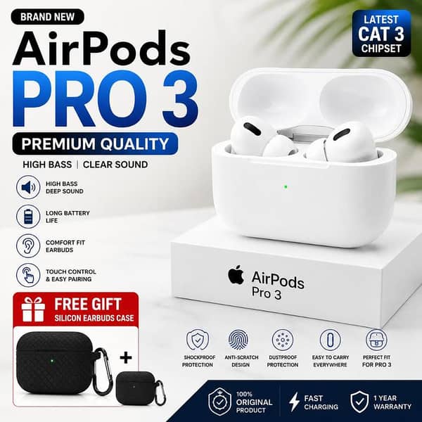 AirPods Pro 3 Wireless Earbuds WITH Free Premium Silicone Protective Case Gift Premium Quality High Bass & Clear Sound | Latest CAT 3 Chipset | Touch Control | Long Battery | Bluetooth TWS Earbuds