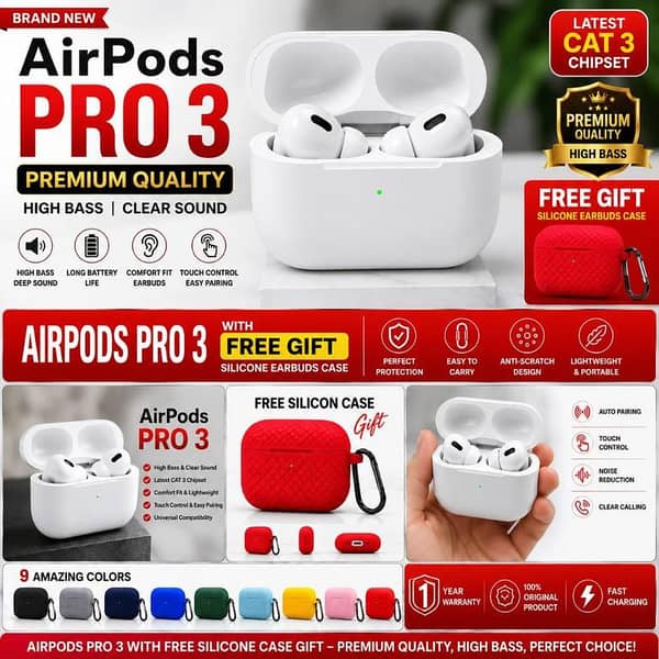 AirPods Pro 3 Wireless Earbuds WITH Free Premium Silicone Protective Case Gift Premium Quality High Bass & Clear Sound | Latest CAT 3 Chipset | Touch Control | Long Battery | Bluetooth TWS Earbuds