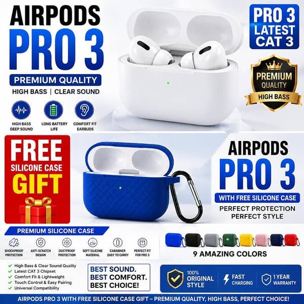 AirPods Pro 3 Wireless Earbuds WITH Free Premium Silicone Protective Case Gift Premium Quality High Bass & Clear Sound | Latest CAT 3 Chipset | Touch Control | Long Battery | Bluetooth TWS Earbuds