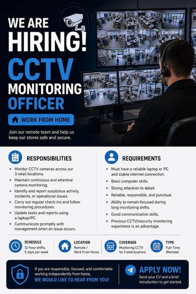 CCTV Monitoring Officer – Work From Home (MALE ONLY)