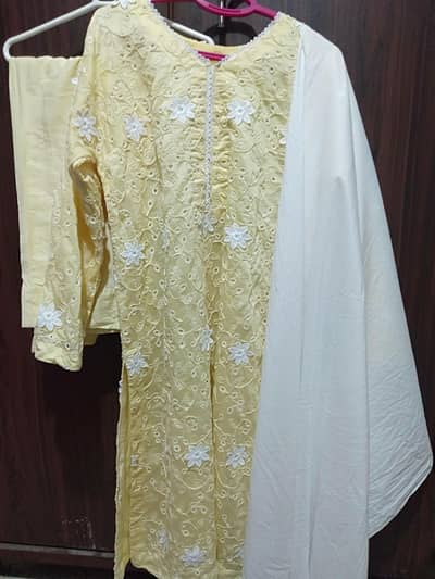 3 piece lemon yellow Chickankari dress