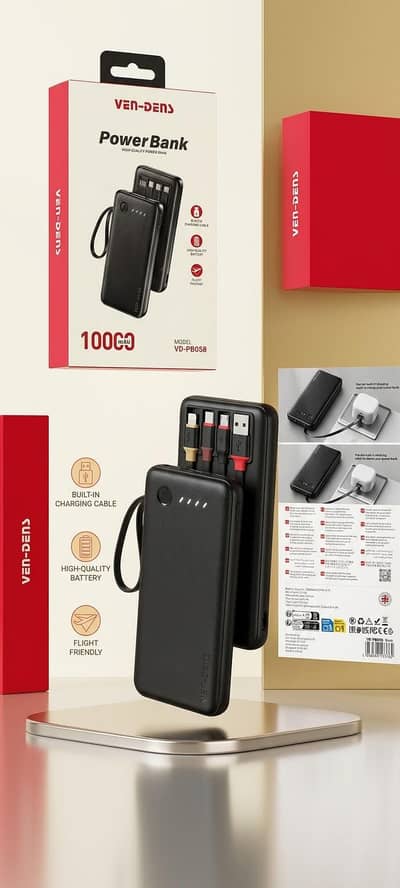 Ven-Dens 10000mAh Slim Power Bank with 4 Built-In Cables (Original)