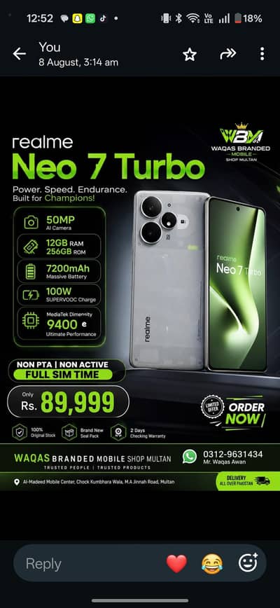 realme Neo 7 Turn 12GB 256GB full sim time factory unlock 30k tax