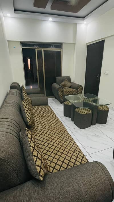 5 seater solid wood sofa + glass centre table with 4 dices
