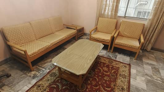 Five Seater Oak Wood Vintage Sofa Set Glass Top Center & Corner Table