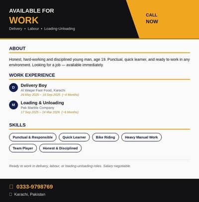 Honest & Hard-Working Boy Available