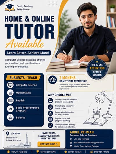 Home & Online Tutor Available | Computer Science Graduate | 2 Months H
