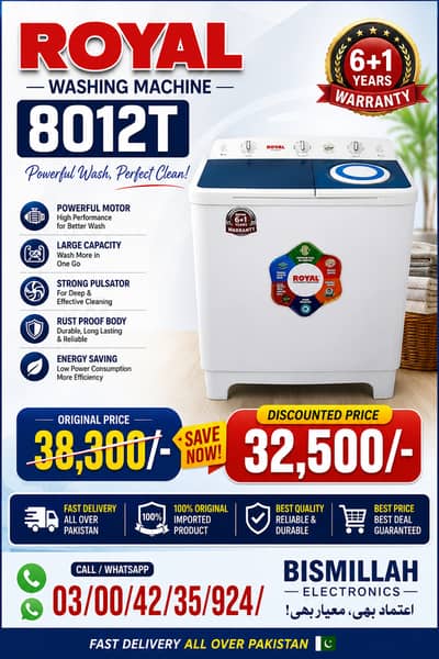 Royal Washing Machine 8012T Imported 6+1 Years Warranty 15% off