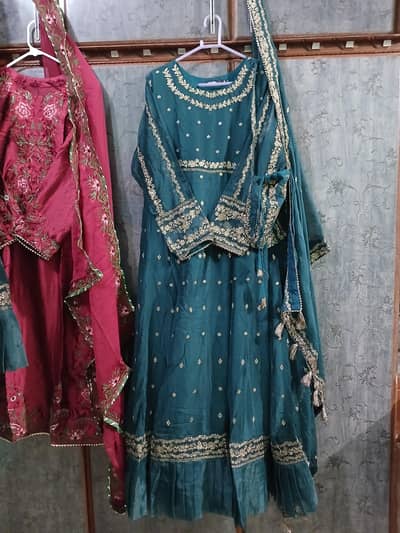 Green colour long emboridary frock with 4 sided emboridary duppta .