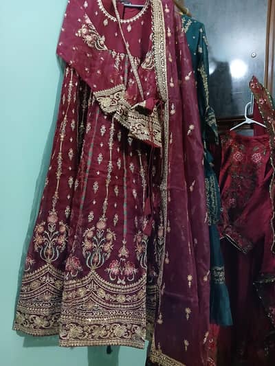 Mehroon emboridary long  frock with 4 sided emboridary duppta.
