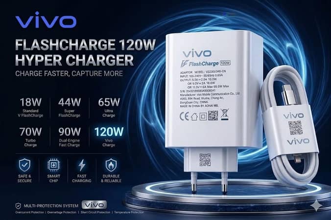 Original Vivo  120W Flash Charger Type-C Cable | Premium Super Fast Charging Adapter for Vivo V23 V20 V21 Y73 Z1x | Genuine Dual Engine QC 4.0 Fast Charge
