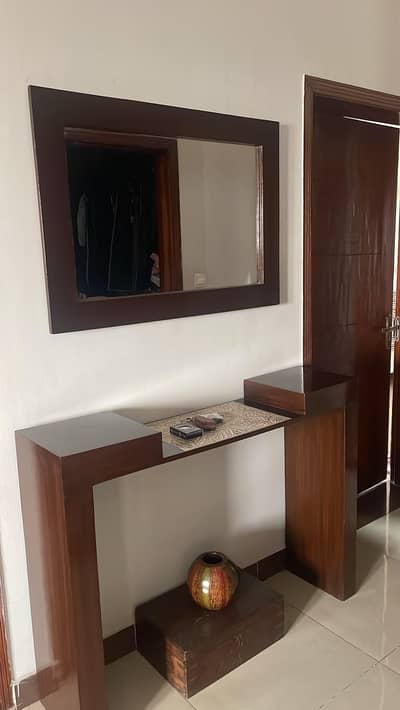 solid wood console table and mirror set for hallway.