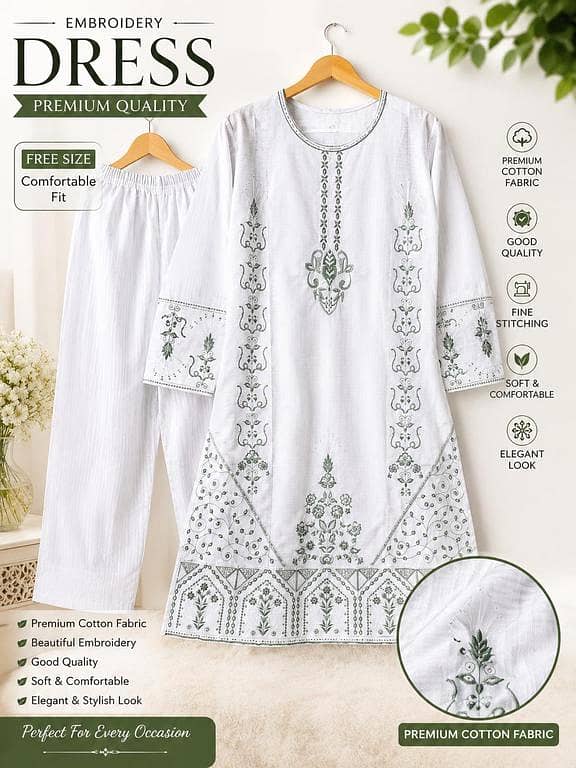 Women's 2 Piece Embroidered Cotton Dress Set | Kurti with Plazzo | Free Size | White | Premium Soft Cotton | Casual & Party Wear