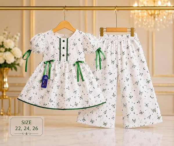 Girls Cotton Frock with Plazo | 2 Piece Kids Dress | Butterfly Print | Soft & Comfortable | White Green | Size 22, 24, 26