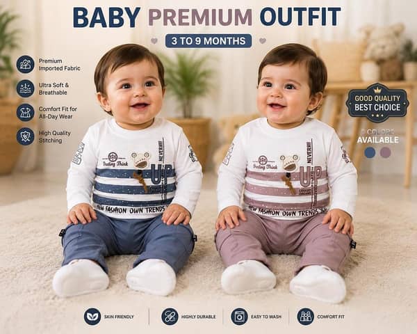 3month to 9months baby premium dress Baby Boys Premium Outfit Set 3 to 9 Months | Full Sleeve T-Shirt & Trouser Set | Soft Comfortable Baby Clothes